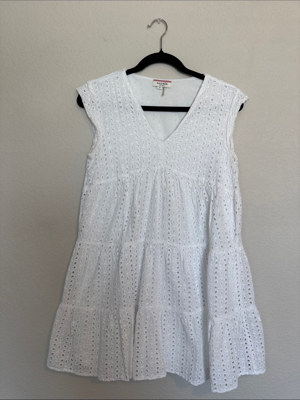 Andree White Eyelet V-Neck Tiered Mini Dress